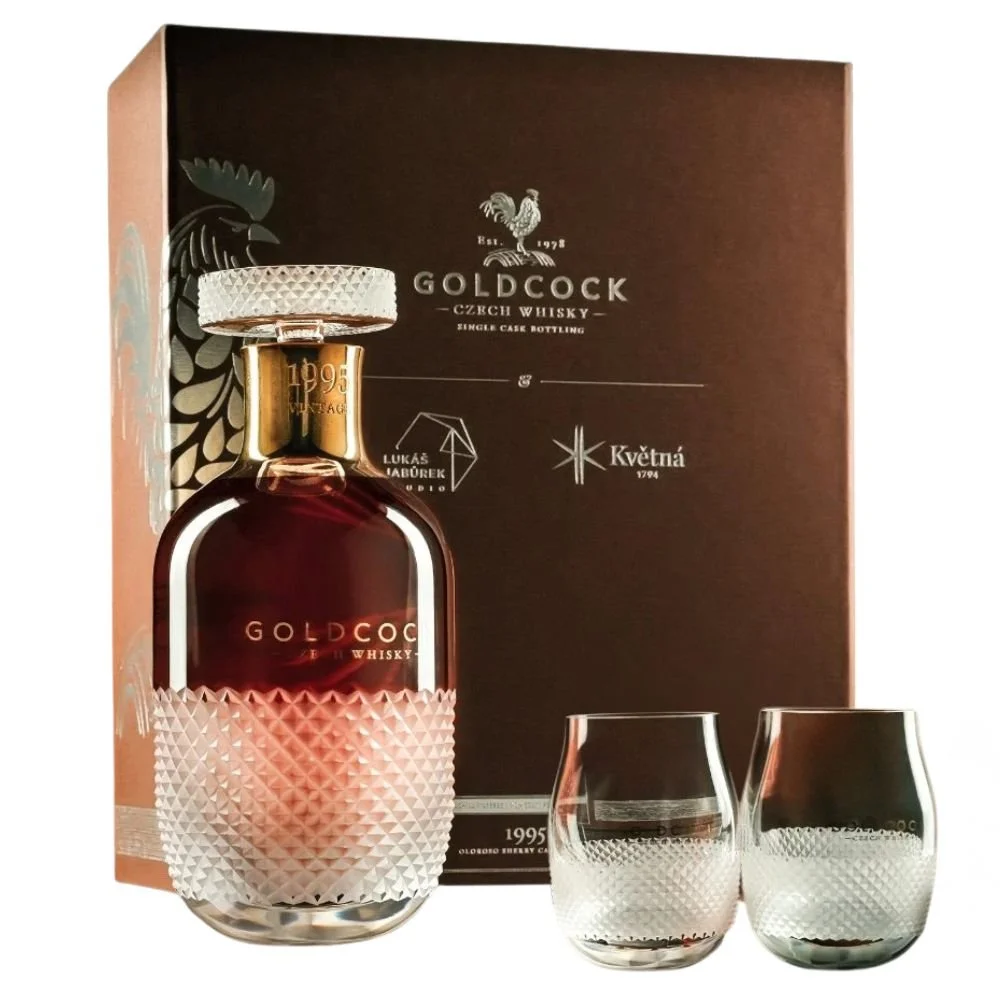 Gold Cock & L. Jabůrek & Květná 1995 0,7l 57,8% + 2x sklo L.E. Dřevěný box