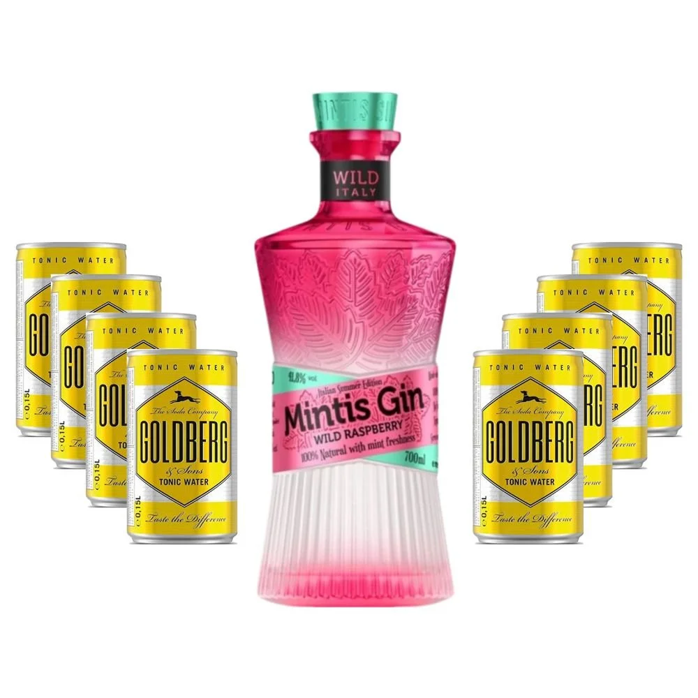 Párty set Mintis Gin Wild Raspberry 0,7l 41,8% + 8x Water Tonic 0,15l Plech